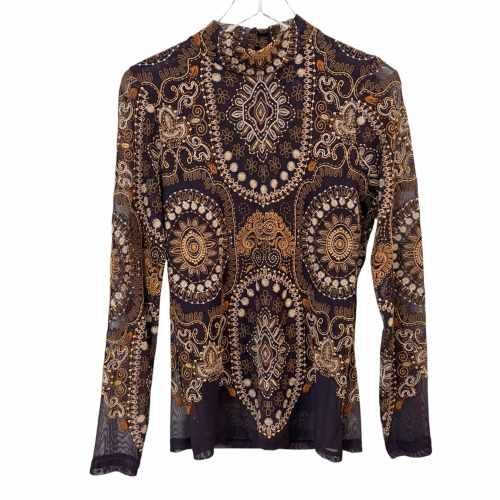 Johnny Was | Embroidered Mesh Loving Is Easy Mesh Tee Brown Boho
